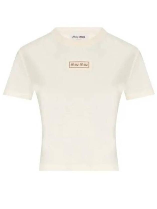 Logo Patch Crop Cotton Short Sleeve T-shirt Light Beige - MIU MIU - BALAAN 2