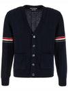 RWB V-neck Striped Virgin Wool Cardigan Navy - THOM BROWNE - BALAAN 3