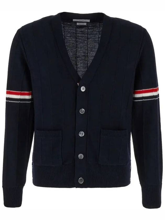 RWB V-neck Striped Virgin Wool Cardigan Navy - THOM BROWNE - BALAAN 2