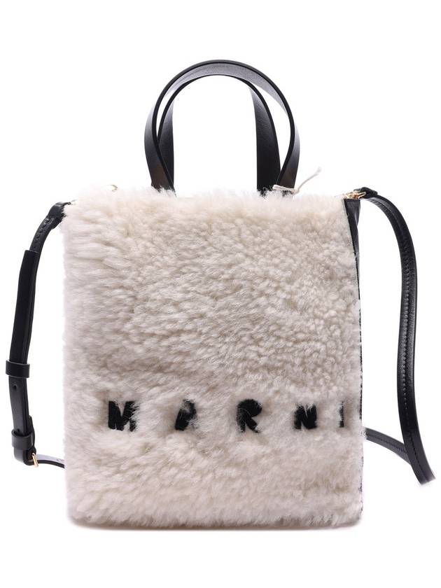 Logo Shearling Leather Tote Bag Natural - MARNI - BALAAN 3