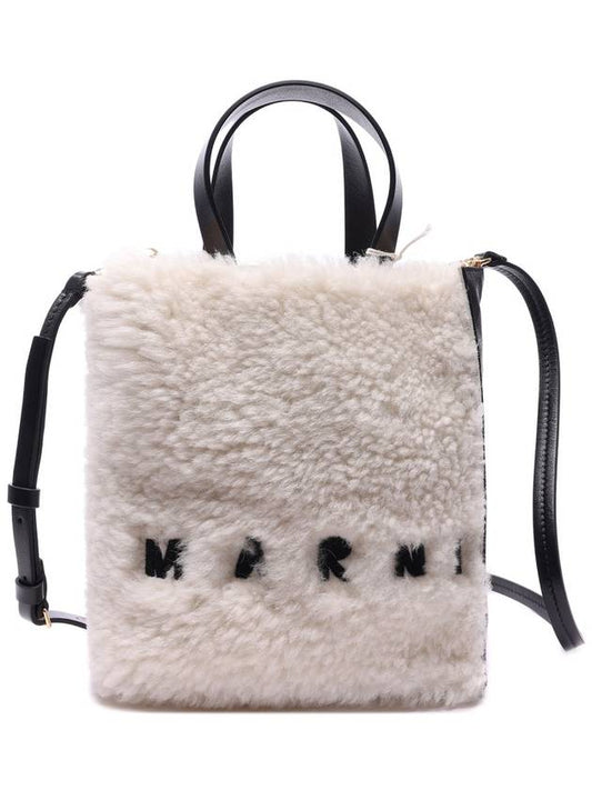 Logo Shearling Leather Tote Bag Natural - MARNI - BALAAN 2