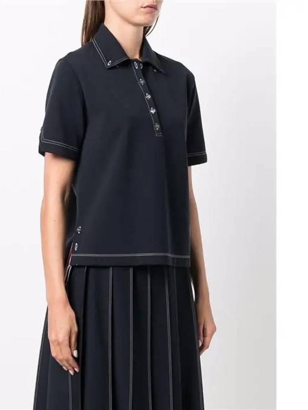 Women's Wool Tech Milano Contrast Stitch Short Sleeve Polo Shirt Navy - THOM BROWNE - BALAAN 4