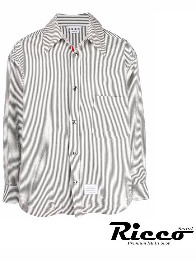 Seersucker Stripe Oversize Long Sleeve Shirt Grey - THOM BROWNE - BALAAN.