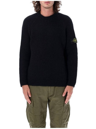 Knotted Ribbed Stitch Pure Wool Crewneck Knit Top Black - STONE ISLAND - BALAAN 1