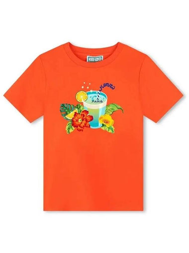 Kids Print Short Sleeve T Shirt Orange - KENZO - BALAAN 1