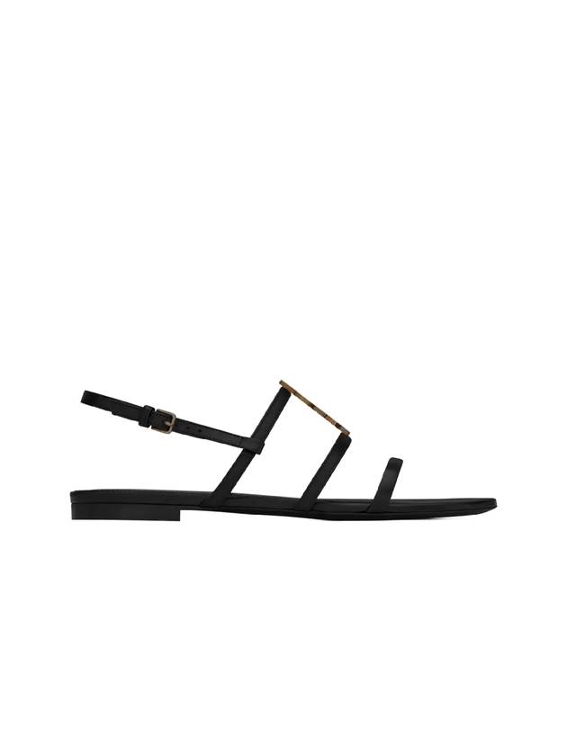 Women's Smooth Leather Gold Tone Monogram Detail Cassandra Flat Sandals Black - SAINT LAURENT - BALAAN 2