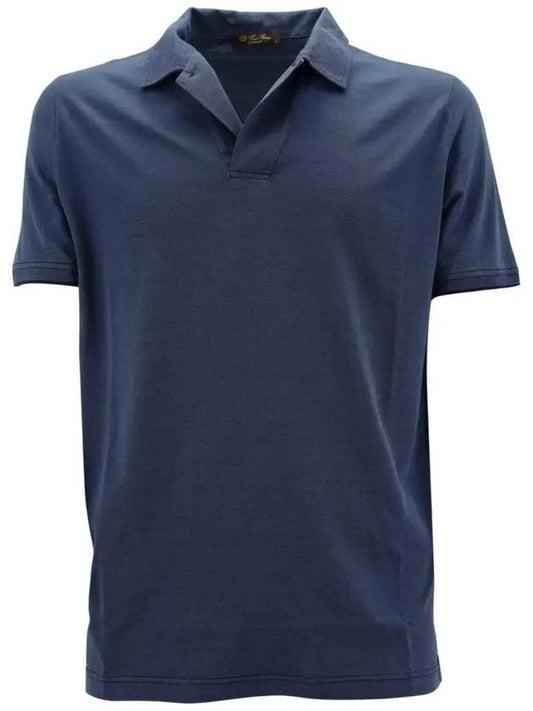 Men's Open Cotton Silk Short Sleeve Polo Shirt Azure Stone - LORO PIANA - BALAAN 1