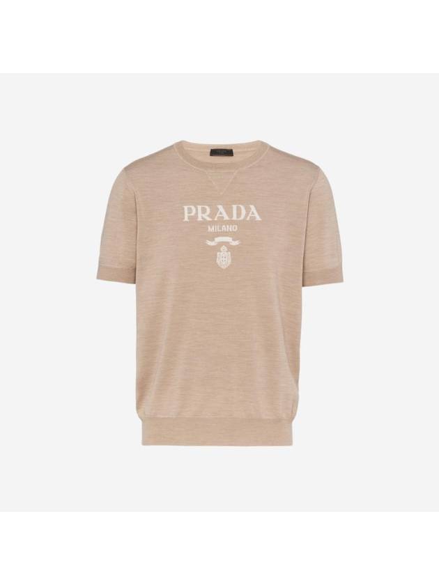 Wool Cashmere Crew Neck Short Sleeve Knit Top Ivory - PRADA - BALAAN 1