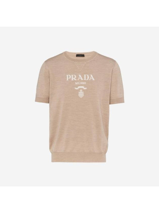 Wool Cashmere Crew Neck Short Sleeve Knit Top Ivory - PRADA - BALAAN 1