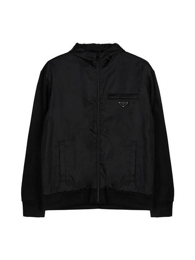 Re-Nylon Zip Up Hoodie Jacket Black - PRADA - BALAAN 1