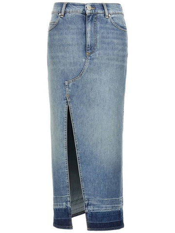 Blue Skirt With Split On The Front And Logo Patch On The Back In Denim Woman - PINKO - BALAAN 1