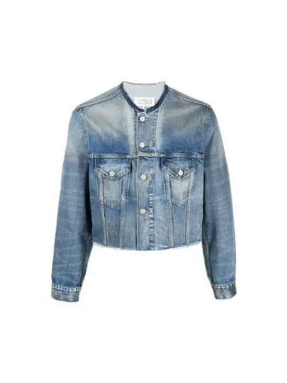 Women's Collarless Cropped Denim Jacket Blue - MAISON MARGIELA - BALAAN 2