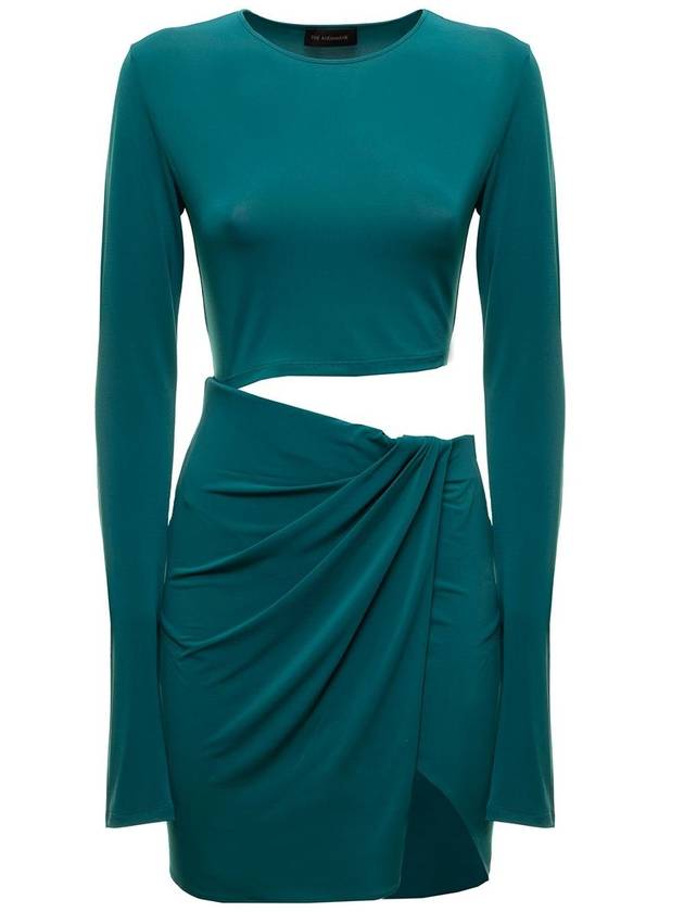 Teal Blue Minidress In Stretch Jersey With Asymmetrical Cut Out Details The Andamane Woman - ANDAMANE - BALAAN 1