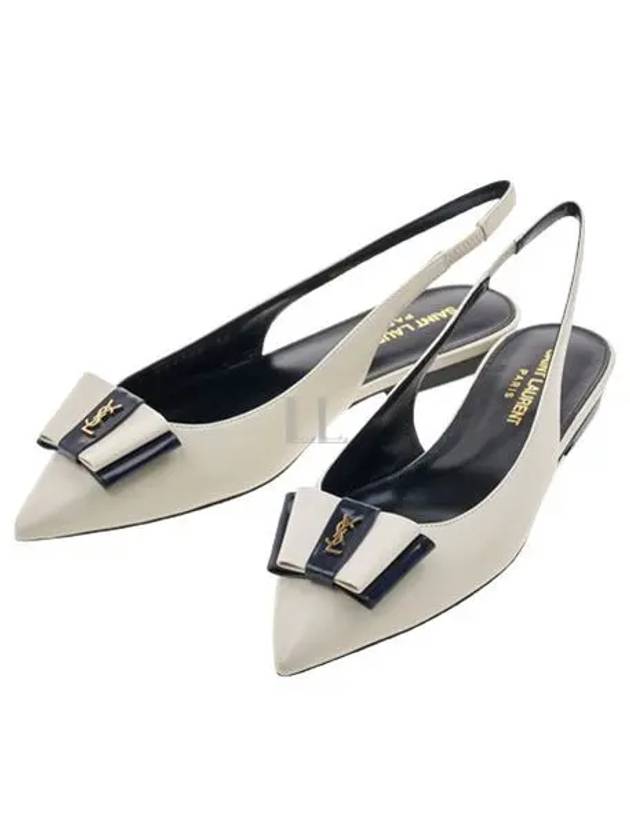 Bow Metal Logo Leather Slingback Flats Pearl - SAINT LAURENT - BALAAN 2