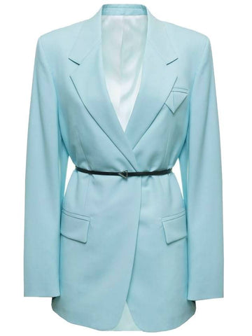 Belted Wool Blazer Jacket Light Blue - BOTTEGA VENETA - BALAAN 1