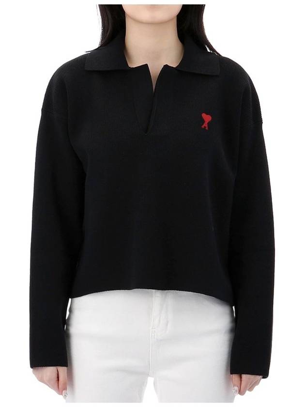 Small Heart Long Sleeve Polo Shirt Black - AMI - BALAAN 3