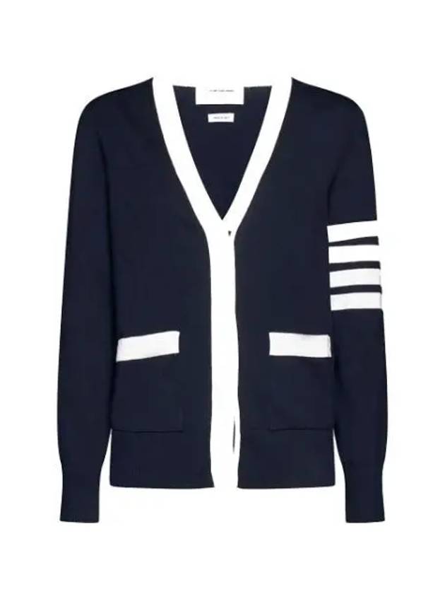 Cotton Hector Pointelle 4 Bar V Neck Cardigan Navy - THOM BROWNE - BALAAN 2