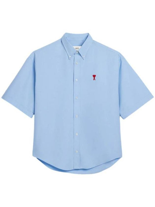 Men's Boxy Fit Logo Embroidered Short Sleeve Shirt Light Blue - AMI - BALAAN 1