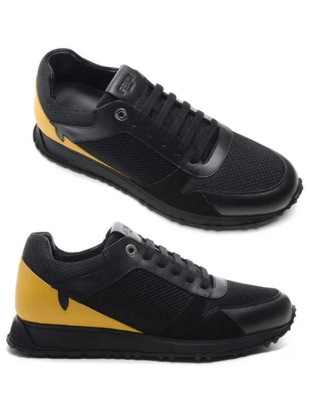 Mesh Leather Low Top Sneakers Black Yellow - FENDI - BALAAN 2