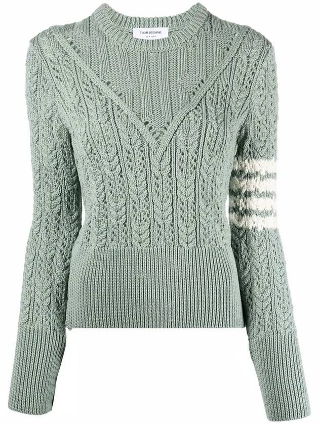 Women's 4 Bar Irish Pointelle Cable Merino Wool Knit Top Light Green - THOM BROWNE - BALAAN 2