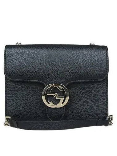 510304 GG gold logo black leather interlocking chain cross bag - GUCCI - BALAAN 1