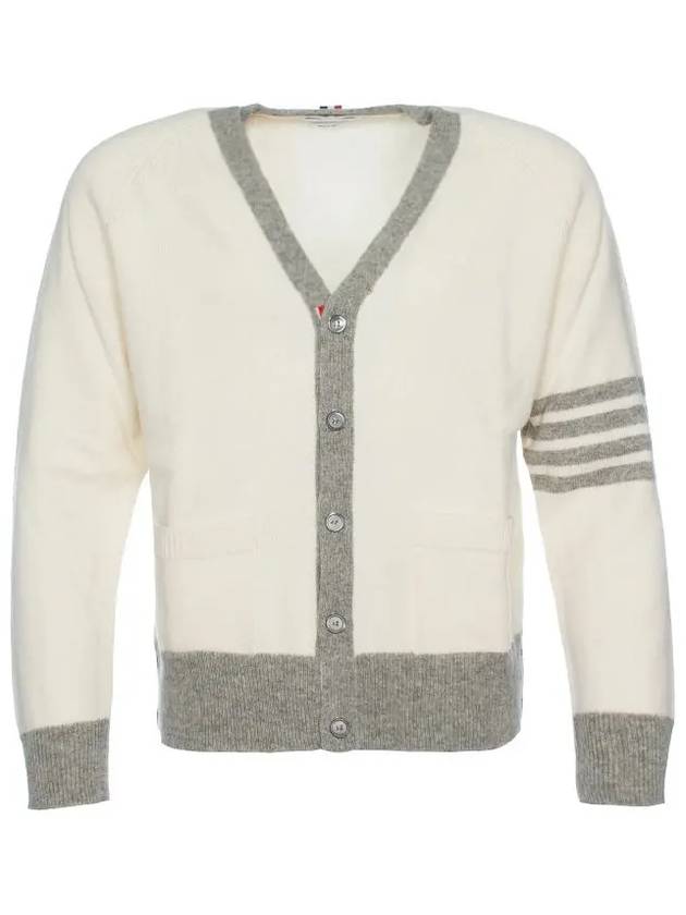 V-Neck 4-Bar Wool Cardigan White - THOM BROWNE - BALAAN 8