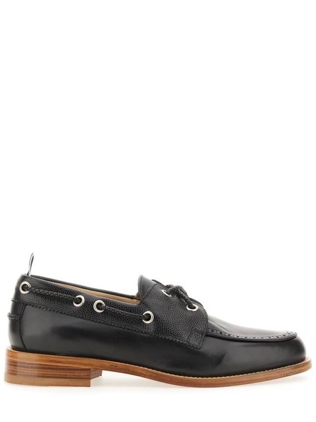 Men's Vitello Calf Leather Boat Shoes Black - THOM BROWNE - BALAAN 2