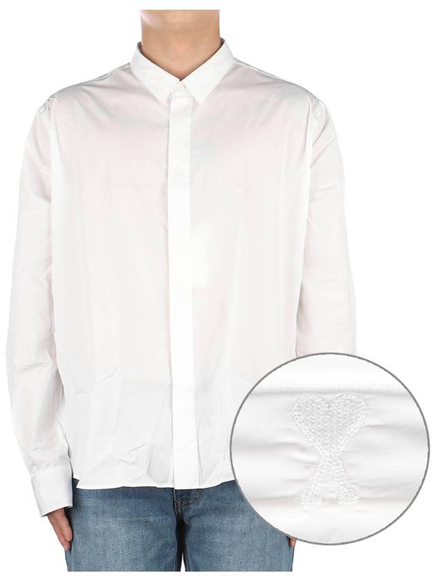 Heart Logo Tonal Cotton Poplin Long Sleeve Shirt White - AMI - BALAAN 2