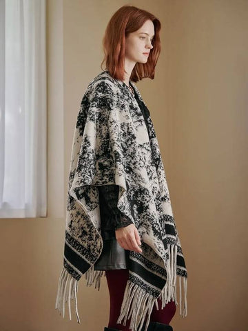 Monotone crack pattern fringe poncho cape shawl - MAXZA - BALAAN 1