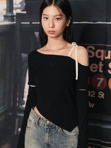 Oneshoulder ribbon cutout knit black - HIGH SCHOOL DISCO - BALAAN 1