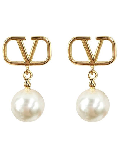 V Logo Pearl Earrings Gold - VALENTINO - BALAAN 2