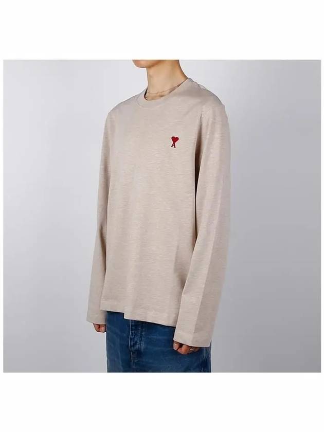 Chain Stitch Heart Logo Long Sleeve T-Shirt Light Beige - AMI - BALAAN 3