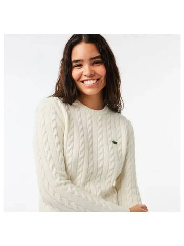 Women s Wool Blend Cable Crew Neck Sweater Ivory - LACOSTE - BALAAN 1