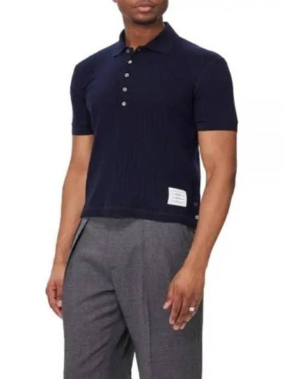 RWB Button Ribbed Polo Wool Knit Top Navy - THOM BROWNE - BALAAN 2