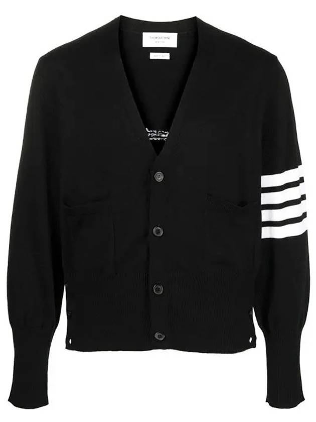 Men's 4 Bar Mr. Tom Icon Intarsia Bag Classic Merino Wool Cardigan Black - THOM BROWNE - BALAAN 3