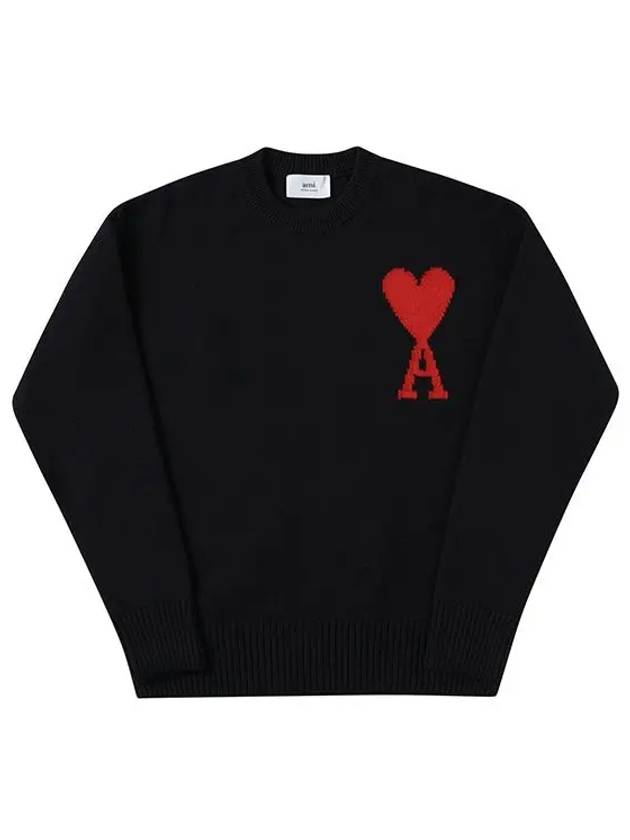 Intarsia Big Heart Logo Wool Knit Top Black - AMI - BALAAN 2