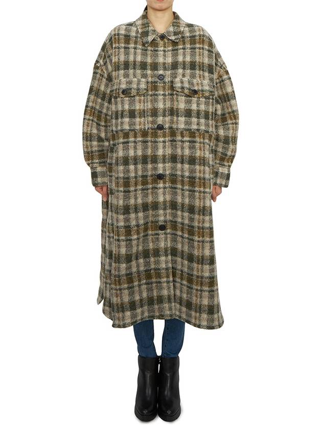 Fontizi Long Check Wool Single Coat Khaki Ecru - ISABEL MARANT - BALAAN 4