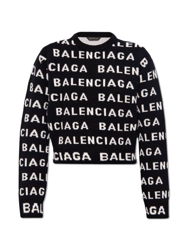 Intarsia All-Over Logo Crew Neck Knit Top Black - BALENCIAGA - BALAAN 2