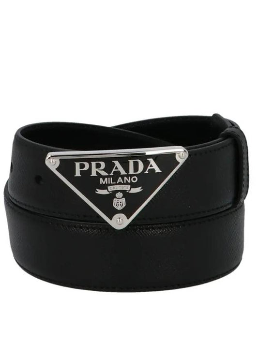 Saffiano Silver Triangle Logo Belt Black - PRADA - BALAAN 1