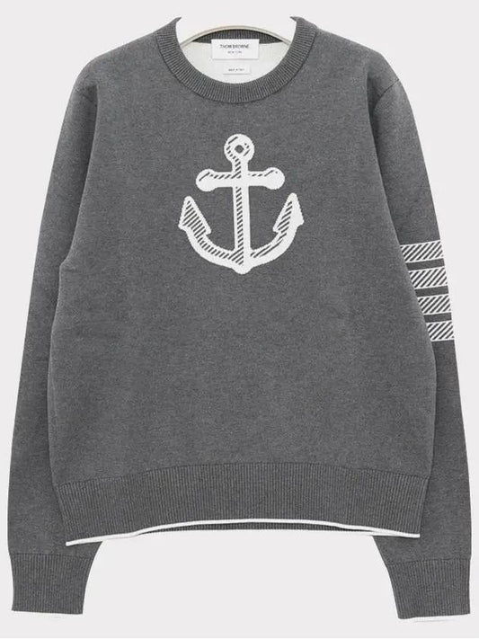 Men's Anchor Jacquard 4-Bar Crew Neck Knit Top Med Grey - THOM BROWNE - BALAAN 2