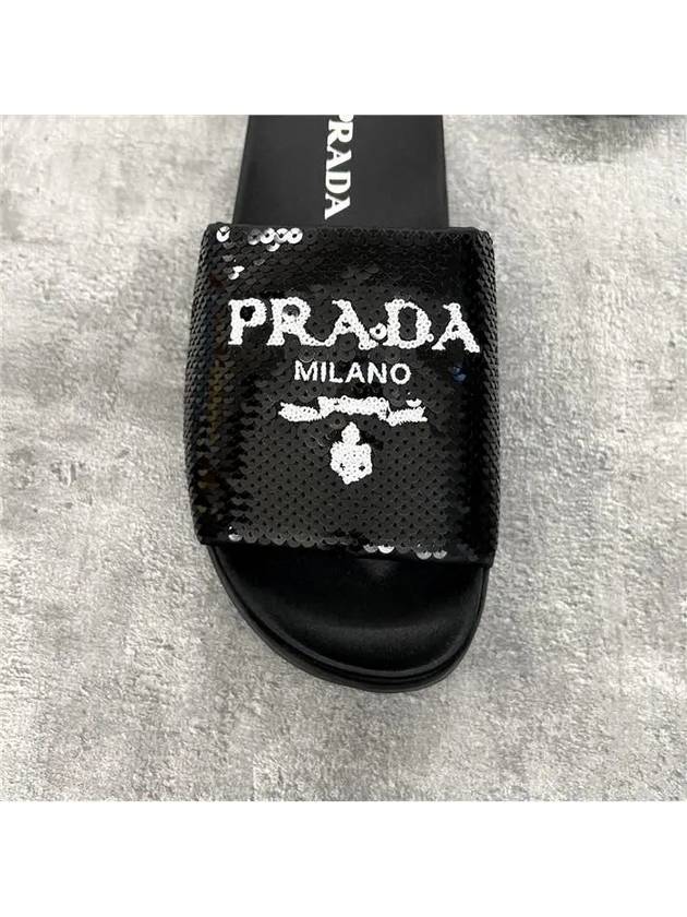 Logo Sequin Rubber Sole Slippers Black - PRADA - BALAAN 6