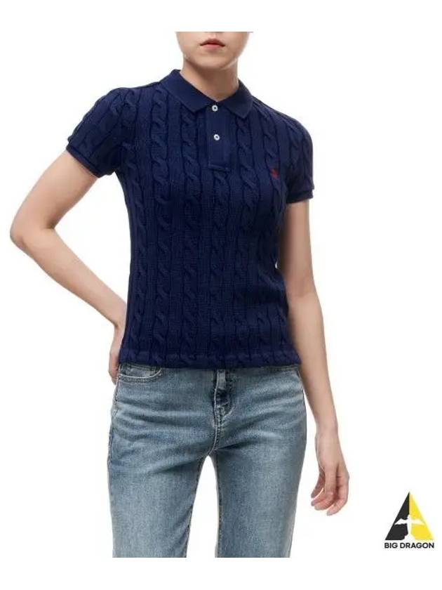 W slim fit cable knit polo shirt navy - POLO RALPH LAUREN - BALAAN 1