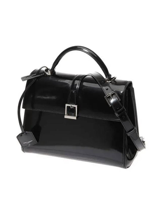 Le Fermoir Small Top-Handle Brushed Leather Tote Bag Black - SAINT LAURENT - BALAAN 1