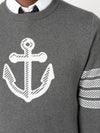 Men's Anchor Jacquard 4-Bar Crew Neck Knit Top Med Grey - THOM BROWNE - BALAAN 4