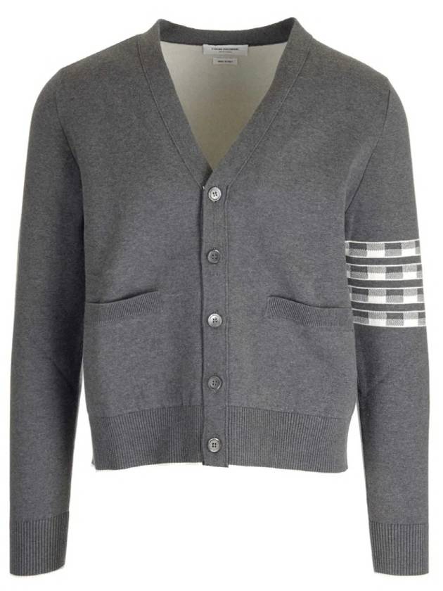 4-Bar V-Neck Hector Jacquard Cotton Cardigan Grey - THOM BROWNE - BALAAN 2