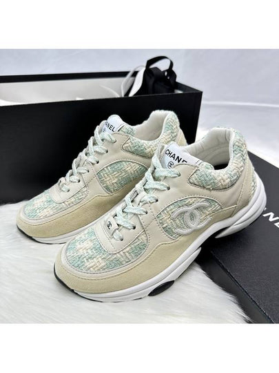 CC Logo Cotton Tweed Suede Calfskin Low Top Sneakers Light Blue Ecru - CHANEL - BALAAN 2