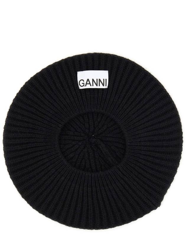 Logo Rib Edge Wool Beret Black - GANNI - BALAAN 6