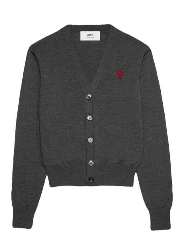 Heart Logo Wool Cardigan Heather Grey - AMI - BALAAN 3