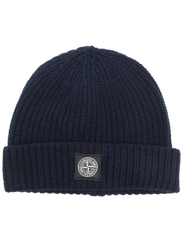 Logo Patch Rib Wool Beanie Navy - STONE ISLAND - BALAAN 2