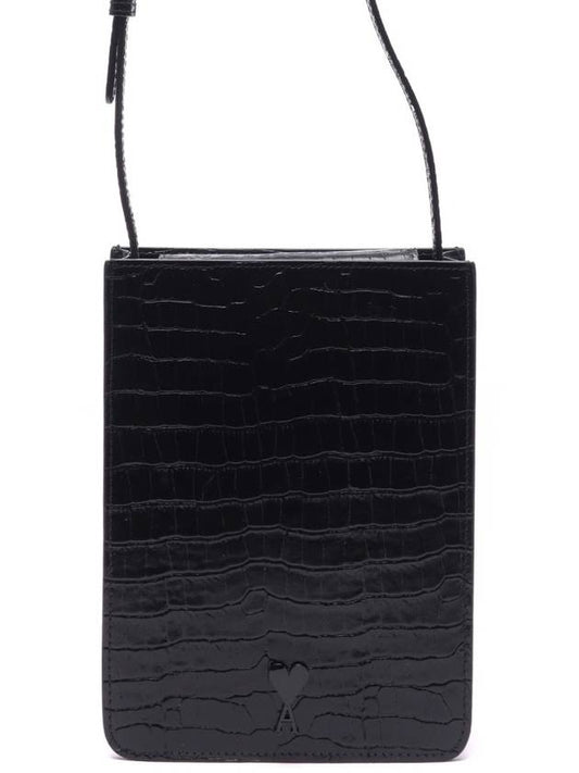 Logo Crocodile Leather Vertical Pouch Cross Bag Black - AMI - BALAAN 2